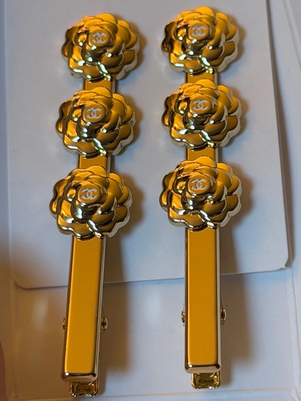 CHANEL Gold Camellia Barrette Set - Floral Clips